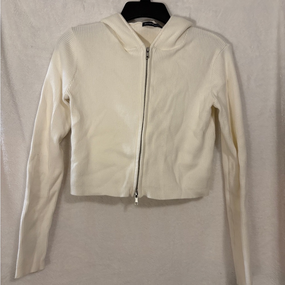 Brandy Melville Cream Zip-Up Sweater with Hood